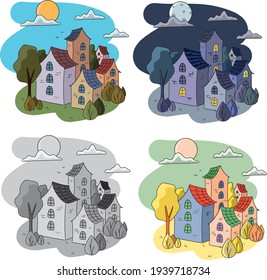 Two-story, three-story houses stand close to each other. Shrubs and trees grow nearby. Vector