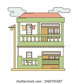 Two-story urban house illustration with clouds