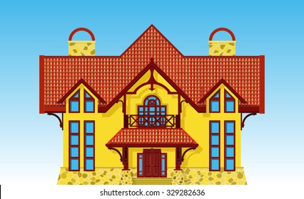 two-story yellow house on blue background