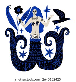 Two-tailed Melusine mermaid undine in blue greek Santorini island palette, seamaiden illustration, graphic design elements for surf or spa and yoga studio. Vector water nymph illustration clip-art