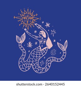 Two-tailed Melusine mermaid undine in blue greek Santorini island palette, seamaiden illustration, graphic design elements for surf or spa and yoga studio. Vector water nymph illustration clip-art