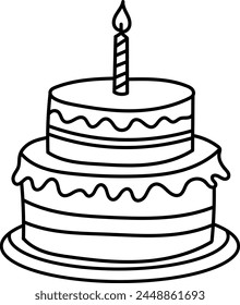 Two-tier birthday cake with a single lit candle, decorated with icing.