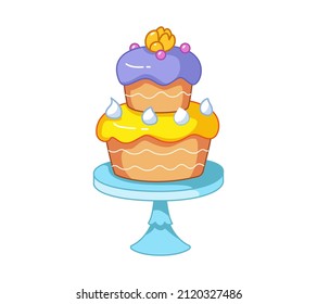 Zwei-Tier-Kuchen auf einem blauen Ständer. Vektorgrafik des Geburtstagskuchens im kindischen Stil. Einziger lustiger Nachtisch-Clipart auf weißem Hintergrund. süße Küchenabdruck.