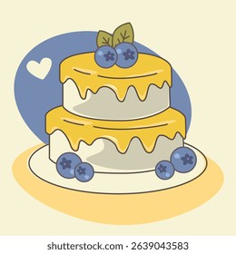 Two-tier cake with yellow icing and fresh blueberries, decorated with green leaves, cartoon style dessert illustration