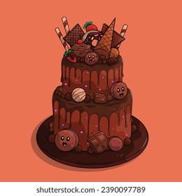 Two-tier celebration chocolate cake with variant of sweet candies decoration.