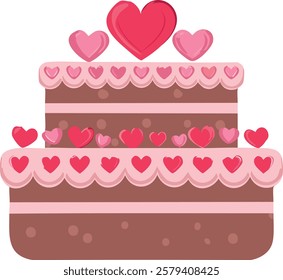 A two-tier chocolate cake decorated with pink frosting and heart-shaped decorations