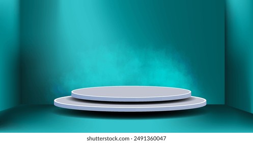 A two-tier circular pedestal sits on a teal floor in front of a teal wall with a light coming from above.