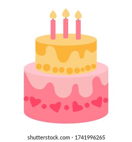 Two-tier festive cake with candles in a flat style on a white background. Delicious yellow and pink cream cake for a party. Sticker for childrens party design, icon for a party invitation with a treat