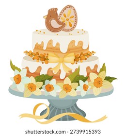 Two-tier festive Easter cake with white dripping icing, decorated with a hen and egg gingerbread topper, yellow mimosa, and daffodils. Digital hand-drawn holiday illustration isolated on white
