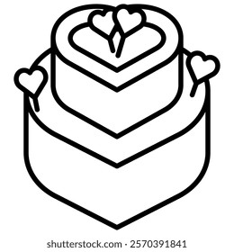 A two-tier heart-shaped wedding cake with hearts as decoration line art icon illustration. Perfect for wedding invitations, anniversary celebrations, and romantic events.