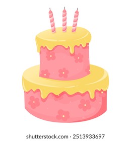 Two-tier pink cake with flowers and frosting in flat vector style on a white background. Festive cake with three candles and sweet decor. Cartoon birthday cake with flowers.