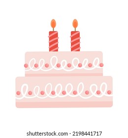 A two-tier pink cake illustration with two candles lit.