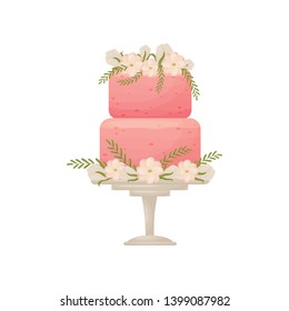 Two-tier pink cake on a white stand with a leg. Vector illustration on white background.