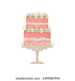 Two-tier pink cake with strips of white cream. Decorated with white flowers. Vector illustration on white background.