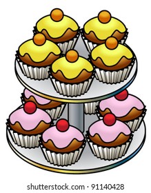 A two-tier platter of cupcakes.