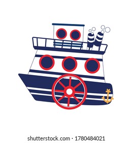 Two-tier steamboat with anchor isolated vector object. Blue and red sea coloured illustration.