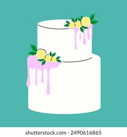 Two-Tier Wedding Cake With Pink Drizzle and Yellow Roses