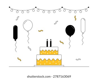 A two-tier yellow polka-dot cake with two candles, surrounded by balloons (black, white, elongated) and yellow confetti. A string of round lights hangs across the top.