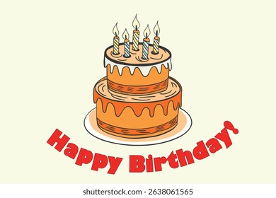 A two-tiered birthday cake with orange frosting and white icing. Four colorful candles are lit on top. The background is light cream.