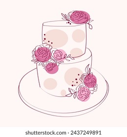 A two-tiered cake adorned with delicate pink flowers on the top layer. The cake appears to be hand-painted with intricate designs