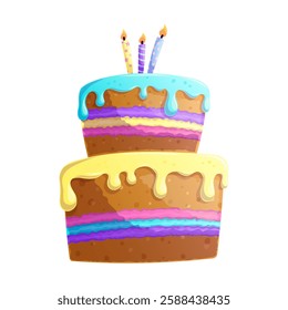 A two-tiered cake with candles. Colorful sweet pastries with icing and cream. the concept of a holiday, birthday, cooking. Isolated vector illustration for design, prints, postcards.