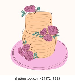 A two-tiered cake decorated with hand-painted flowers on the top layer. The cake appears to be intricately designed and visually appealing
