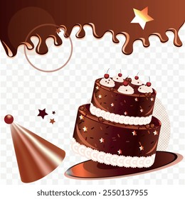 two-tiered cake on the background of chocolate cream. vector image