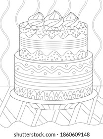 two-tiered cake on on the table with checkered tablecloth against abstract wallpaper for your coloring book
