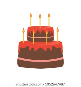 Two-tiered cake with red glaze and seven burning candles. Tasty dessert for Birthday celebration. Sweet pie. Cartoon design for postcard. Flat vector icon