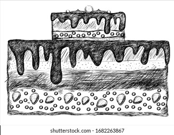 Two-tiered cake with strawberries.Vector illustration of a hand-drawn cake sketch. Sweet food, delicious dessert, cake with cream Doodle sweet bakery products. Yummy sketch. Birthday