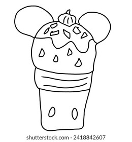 two-tiered ice cream with chocolate topping with a picture of a mouse and sprinkles with fruit and sprinkles