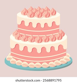 Two-tiered pink base cake with white icing and decorative frosting swirls illustration. Perfect for birthday, wedding, or celebration design projects.