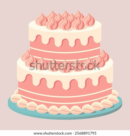 Two-tiered pink base cake with white icing and decorative frosting swirls illustration. Perfect for birthday, wedding, or celebration design projects.