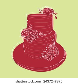 A two-tiered red cake adorned with delicate flowers on the top tier. The cake appears to be hand-painted with intricate designs and is set against a plain background