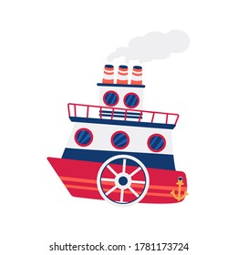 Two-tiered steamboat with illuminators and three pipes. Flat vector. 