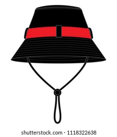 Two-Tone Black-Red Bucket Hat with Cord and Stopper Toggle Design, Vector File