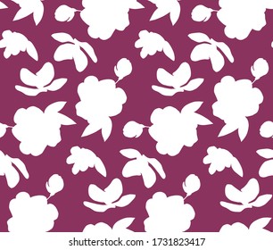Patrón vectorial sin costuras florales de dos tonos con hermosas flores de magnolia.  Flores blancas y hojas silueta en un fondo rosado oscuro. Para envolver, tela, papel pintado. 