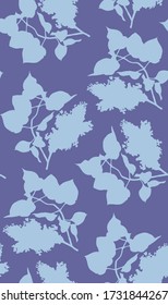 Two-tone floral seamless vector pattern with beautiful lilac flowers. Light blue lilac branch with leaves on a violet background. For wrapping, fabric, wallpaper. 