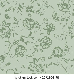 Two-tone floral seamless vector pattern with beautiful green flowers. c branch with leaves on a sand green background. For wrapping, fabric, wallpaper.