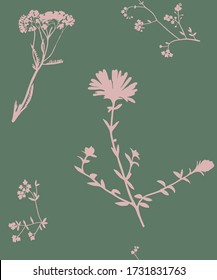 Two-tone floral vector seamless pattern with wild flowers. Pale pink flowers and leaves silhouette on a cool green background. For wrapping, fabric, wallpaper. 