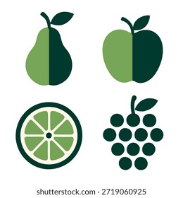 Iconos de frutas de dos tonos que usan solo dos colores contrastantes (por ejemplo, verde oscuro y verde claro para una pera).
