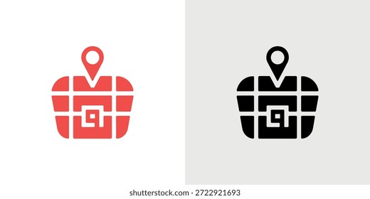 A two-tone icon depicting a map marker with a grid-like pattern inside.