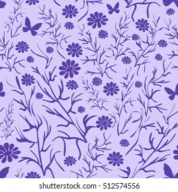 Two-tone pattern, branches, flowers and butterflies.