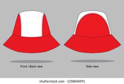 Two-Tone Red-White Curve Style Bucket Hat Design Vector.Front, Back and Side View.