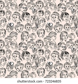 Two-tone seamless texture of line drawings depicting various children's faces
