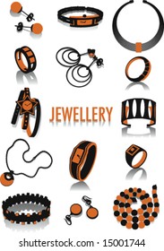 Two-tone silhouettes of jewellery, part of a collection of fashion and lifestyle objects