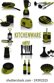 Two-tone silhouettes of kitchenware objects, part of a collection of fashion and lifestyle objects