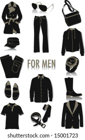 Two-tone silhouettes of objects for men, part of a collection of fashion and lifestyle objects