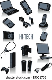 Two-tone silhouettes of technological objects, part of a collection of fashion and lifestyle objects