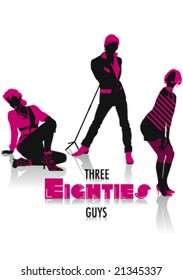 Two-tone silhouettes of three Eighties guys, part of a collection of street style people.